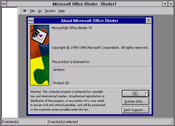 Microsoft Binder's About dialog.