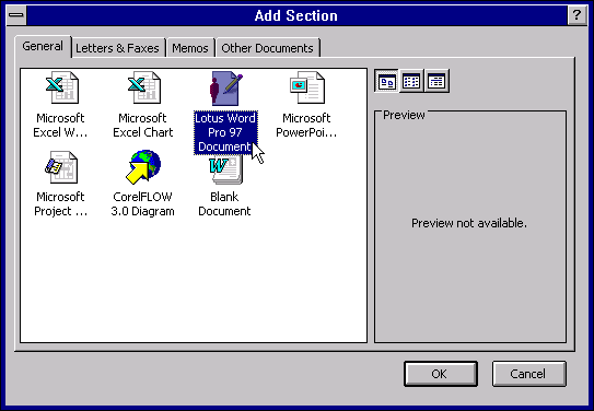 Microsoft Binder's Add Section dialog. Lotus Word Pro 97 document is selected.