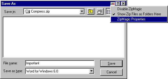 Windows 95 save dialog with ZipMagic properties menu.
