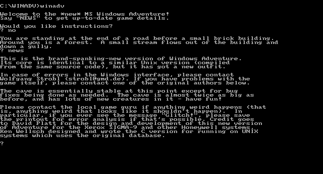 Screenshot of Colossal Cave in MS-DOS. The text is the same.