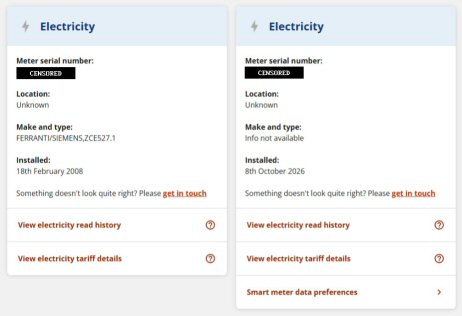 Two separate and active meters showing on the account web page.