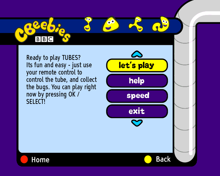 Cbeebies Tubes game introduction screen.
